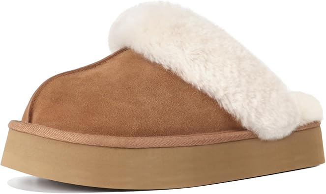 Photo 1 of OOW Fuzzy Platform Slippers for Women - Women's Casual Winter House Slippers - Brown, Faux Fur & Shearling Blend - Women's Size
