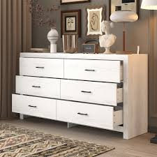 Photo 1 of  Wood Finish 6 Drawers Dresser with Black Handles and Raised Base Modern Storage Chest