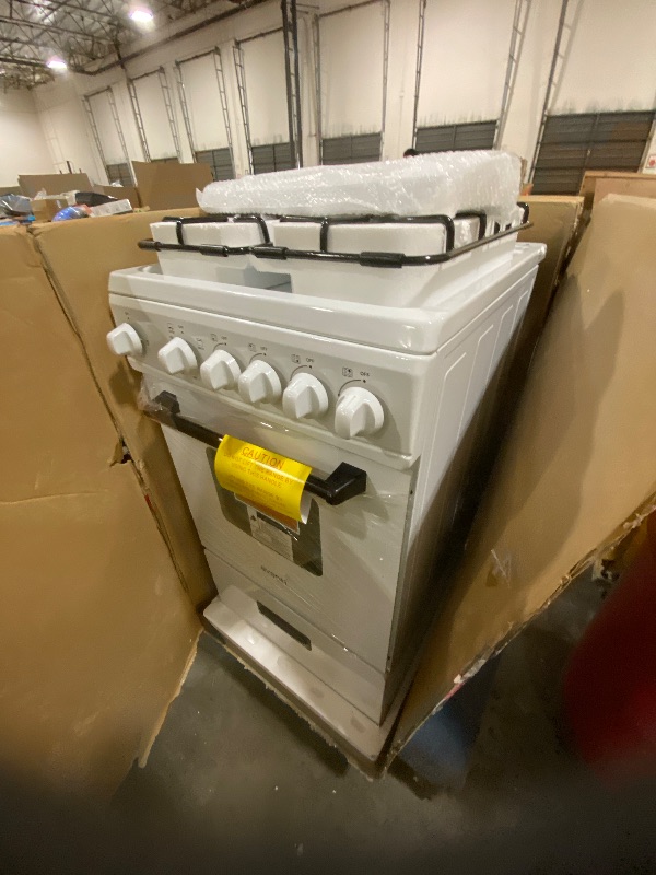 Photo 1 of Avanti Gas Range Oven, Compact Freestanding Design, 4 Sealed Burners with Electronic pop op Ignition, 2.1 Cu.Ft. Capacity Features Framed Glass Door Storage Drawer Broiler and Accessories, 20-Inch, White