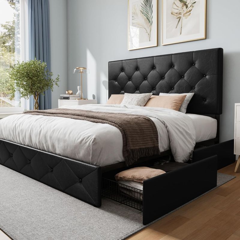 Photo 1 of Queen Size Platform Bed Frame with 4 Storage Drawers, Diamond-Stitch Button Tufted Headboard, Sturdy Wooden Slat Mattress Foundation, No Box Spring Needed, Easy Assembly, Black
