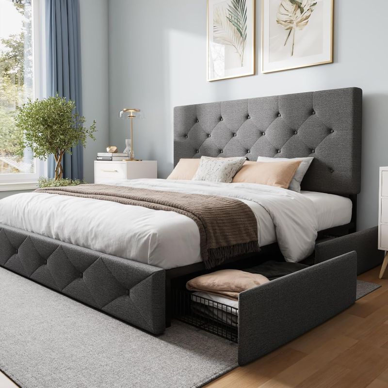 Photo 1 of WEEWAY Full Size Platform Bed Frame with 4 Storage Drawers, Diamond-Stitch Button Tufted Headboard, Sturdy Wooden Slat Mattress Foundation, No Box Spring Needed, Easy Assembly, Dark Grey