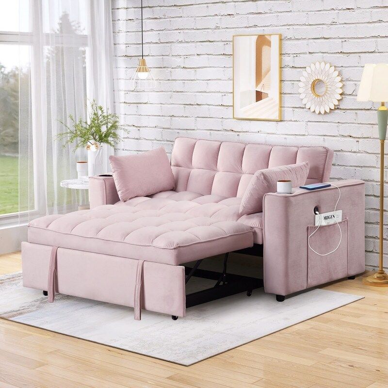 Photo 1 of 2 Seater Upholstered Loveseats Sofa Couch, Modern Pull-out Sleeper Sofa Bed with Adjsutable Back and Cup Holder & USB Port