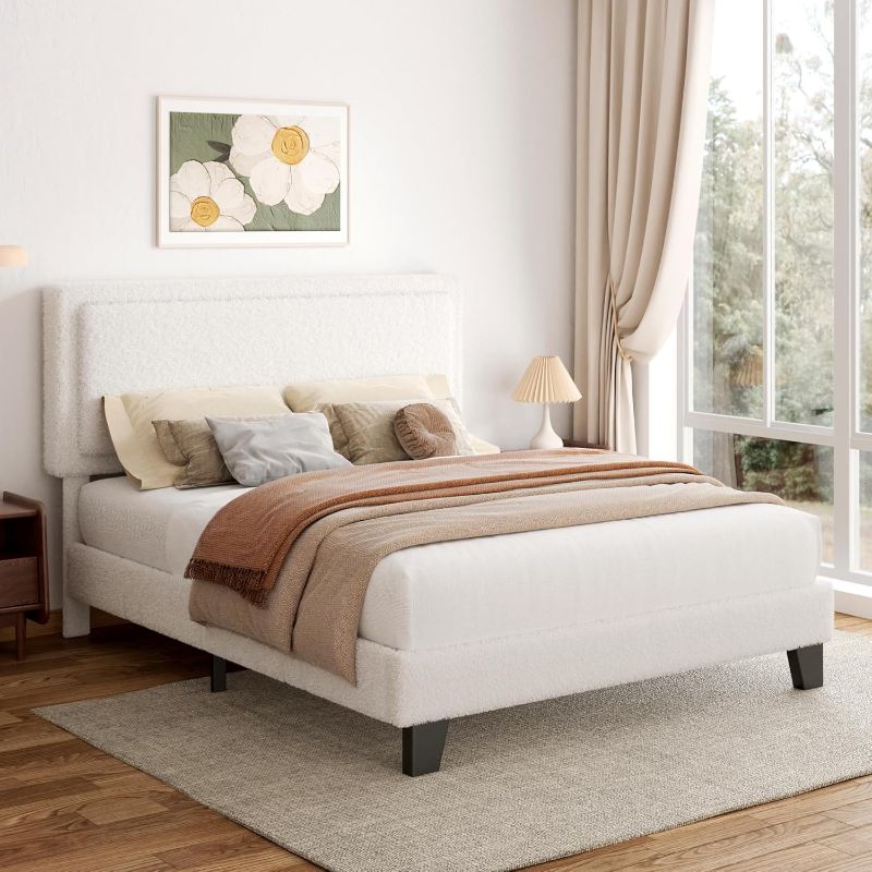 Photo 1 of Full Size Boucle Bed Frame, Upholstered Platform Cloud Bed Frame with Headboard, Soft Teddy Fabric, Modern Style, No Box Spring Required, Easy Assembly, Beige