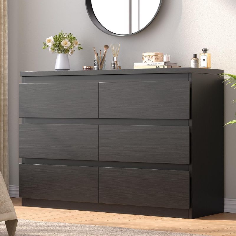 Photo 1 of Black 6 Drawer Dresser for Bedroom, 15.3" D x 47.2" W x 32.3" H in Simply Modern Chest of Drawers, Wood Storage Double Dresser with Deep Drawers for Living Room, Hallway Entryway, Black
