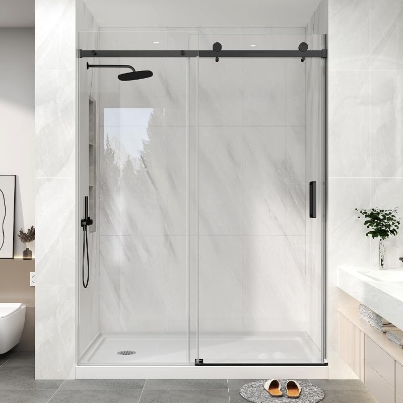 Photo 1 of KPUY Frameless Shower Door, 49-54" W x 76" H Sliding Glass Shower Door, 1/4" (6mm) Thick Tempered Clear Glass with Explosion-Proof Film Nano Coating in Matte Black Finish