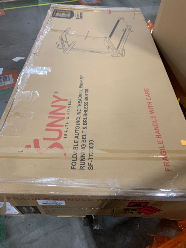 Photo 1 of Sunny Health & Fitness Foldable 15 Level Auto Incline Treadmill, 20" Wide Running Belt, Quiet Brushless, Digital Display, 300 LB Weight Capacity, SunnyFit App Bluetooth Connection- SF-T723030