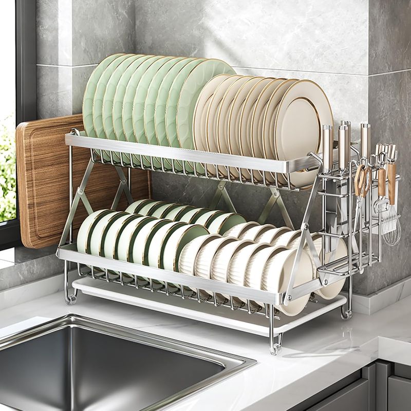 Photo 1 of 2-Tier 304 Stainless Steel Dish Rack, Foldable Over Sink with Cutting Board/Utensil/Knife Holder, No Assembly Required Space Saving Drying Rack