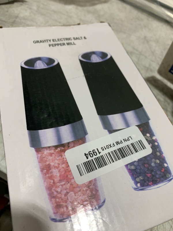 Photo 1 of (2pc) Gravity Electric Salt and Pepper Grinder Set with Adjustable Coarseness, Stainless Steel Blades, and Glass Body for Seasoning, Cooking, and Herbs, Black