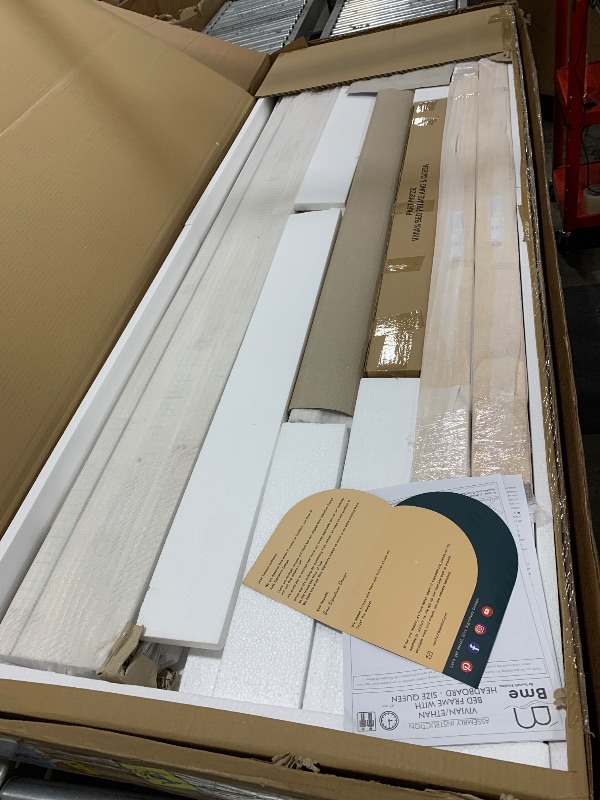 Photo 1 of Bme Vivian 14 Inch Deluxe Bed Frame with Headboard, Rustic & Scandinavian Style with Solid Acacia Wood, No Box Spring Needed, 12 Strong Wood Slat Support, Easy Assembly, Queen, Rustic White