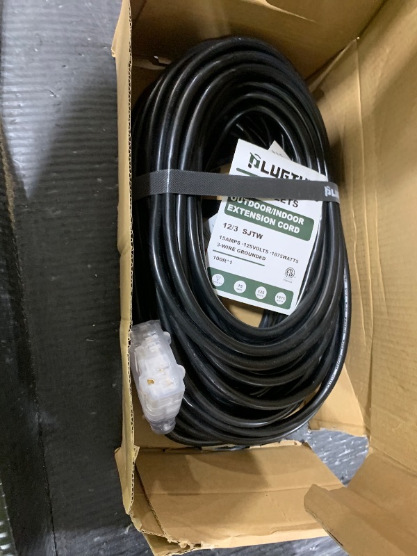 Photo 1 of 100Ft 12/3 Outdoor Extension Cord with 3-Outlets, Heavy Duty 12 Gauge 3 Prong Extension Cord Waterproof with Lighted end, 15A 12AWG 1875W SJTW, ETL Listed - Great for Garage, Garden and Home, Black