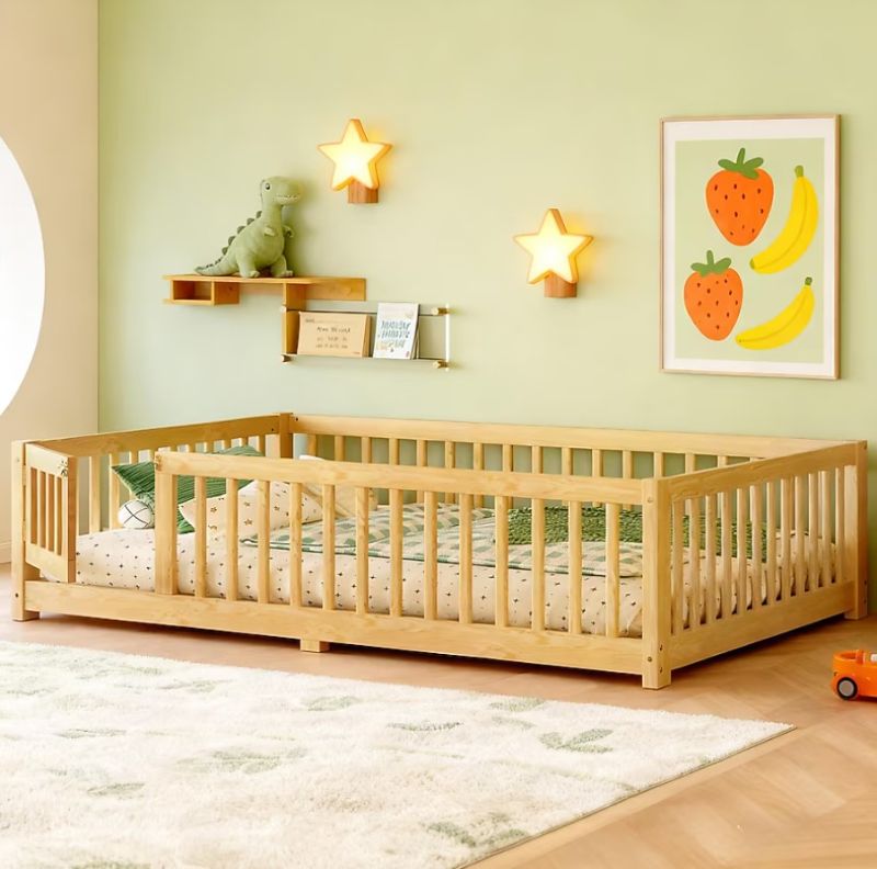 Photo 1 of Loebelle Montessori Full Size Floor Bed with High Rails and Door Sturdy Wood Floor Bed Frame for Kids Natural