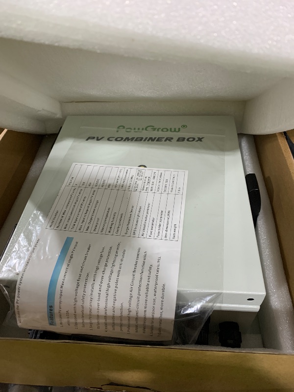 Photo 1 of PowGrow PV Combiner Box, 4 String Metal Solar Combiner Box with 15A Rated Current Fuse, Surge Protective Device and 50A Air Circuit Breaker for On/Off Grid Solar Panel System, Pre-Wired Cable