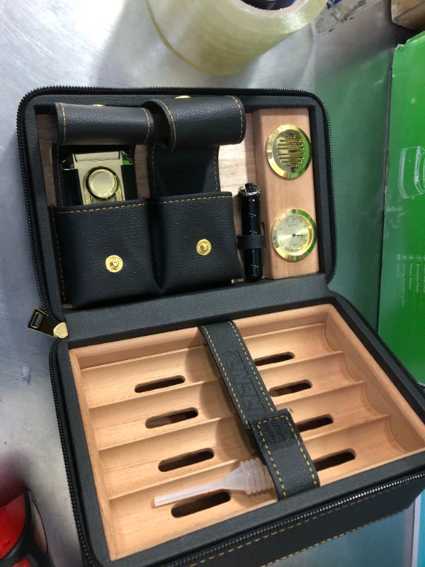 Photo 1 of Travel Cigar Humidor Set, 2-Layer Design & CedarWood Lined, with Cigar Lighter Built-in V Cutter&Holder, Cigar Cutter, Draw Enhancer, Hygrometer, Humidifier, Portable Leather Cigar Case, Gifts for Men