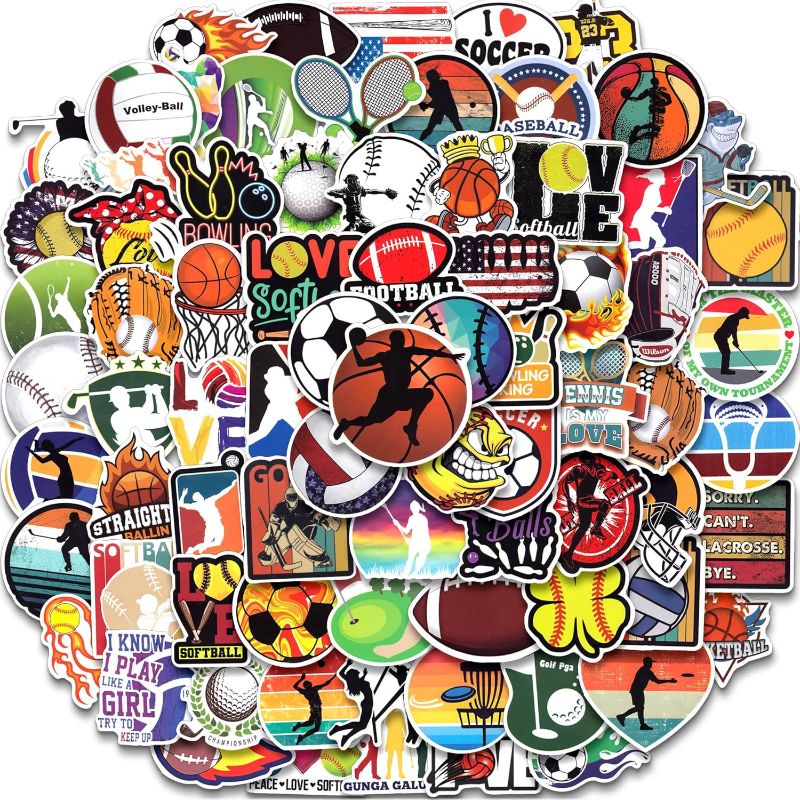 Photo 1 of 100 PCS Sports Stickers for Water Bottles, Laptop - Soccer, Football, Volleyball, Golf, Basketball Balls - for Teens and Kids