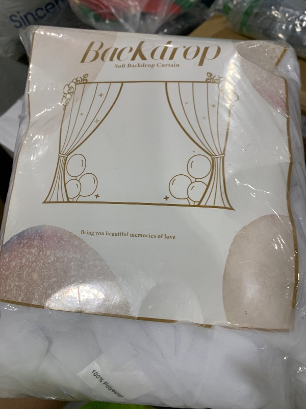 Photo 1 of 10×10ft White Tulle Backdrop Curtain with Lights String for Parites, Sheer Curtain Backdrop Drapes for Wedding Party Home Decorations