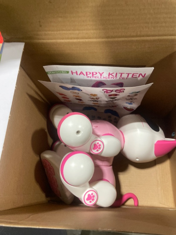 Photo 1 of STEMTRON Programmable Remote Control Robot Cat Dog for Kids, Interactive Robotic Cat, Robo Cat, RC Robot with Touch Sensing, LED Eyes, Dance & Music, Sticker (White)