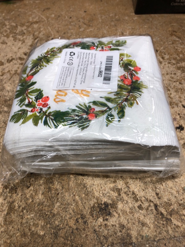 Photo 1 of 100 Pcs Christmas Paper Cocktail Napkins 3 Ply Retro Plant Wreath Disposable Absorbent Hand Towels Xmas Garland Guest Napkins for Merry Christmas Holiday Lunch Dinner Kitchen Supplies Decorations