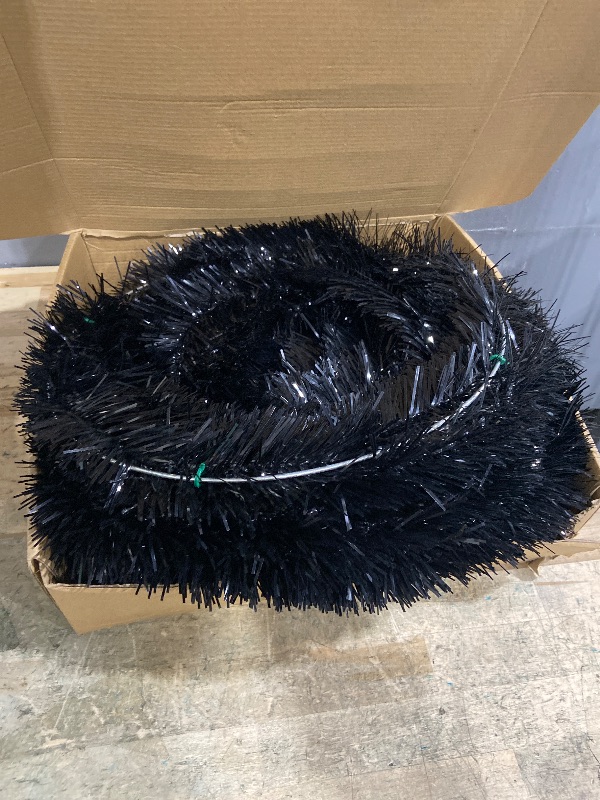 Photo 1 of [Timer& Pumpkin] 6 Ft Black Tinsel Halloween Tree with 60 LED Orange Purple Lights, Pop Up Artificial Pencil Tree with Lantern Topper & 15 Jack-O Pumpkin Balls Ornaments for Halloween Decor Indoor