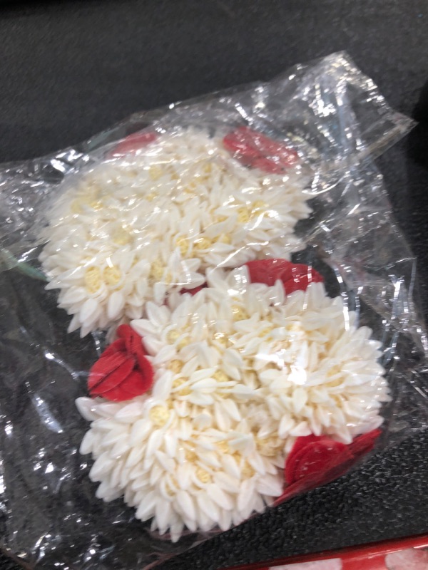 Photo 1 of (Pack Of 2) Traditional Indian Hair and Hand accessories White Gajra with Artificial Red Flower Handmade Veni tiara For Women Girls Party Wear bridal mehndi Hair Bun