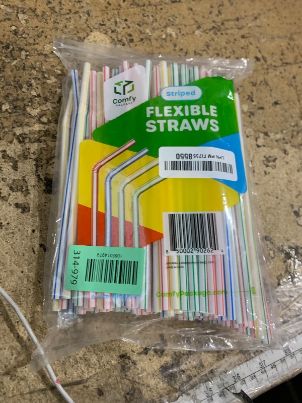 Photo 1 of [200 Pack] Flexible Disposable Plastic Drinking Straws - 7.75" High - Assorted Colors Striped