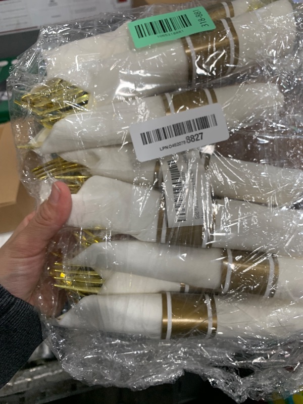 Photo 1 of *** only 8 pack*** Gold Plastic Silverware Pre-Rolled Sets; Fork, Spoon, and Knife Rolls, Pack of 20 Pre-Rolled Sets