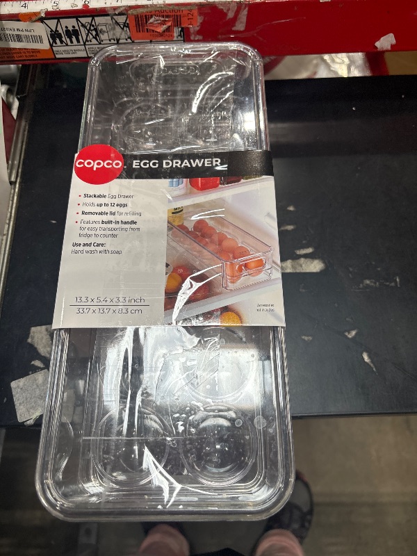 Photo 1 of ***SLIGHT CHIP*****

Copco Egg Storage Drawer with Removable Lid and Flat Top For Stacking and Space Saving, Holds 14 Medium, Large, XL, or Jumbo Eggs, Handle for Easy Transport, Clear