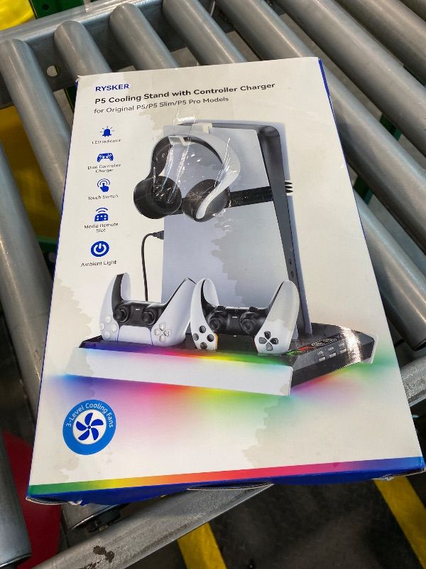 Photo 1 of **UNTESTED**
PS5/Slim/Pro Stand for Disc & Digital Console, PS5 Cooling & Charging Station with RGB Ambient Lighting, PS5 Controller Charger Built-in 3 Level Fan, PS5/Slim/Pro Accessories for PlayStation 5 Case