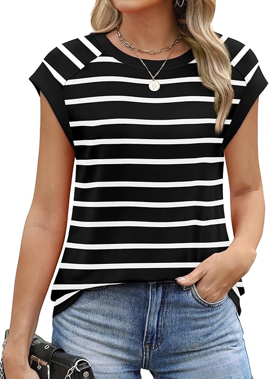 Photo 1 of **** light blue shirt- NOT BLACK AND WHITE STRIPS***Sampeel Summer Tops for Women Casual Blue Shirt Cute Spring Outfits Clothes Cap Sleeve T Shirts XS