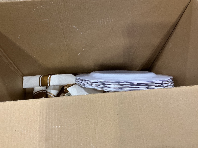 Photo 1 of **MISSING PARTS**
Liacere Gold Plastic Plates-Disposable White and Gold Plates 50guest Baroque Plastic Dinnerware include 100Plates, 50Pack Pre Rolled Napkins with Silverware 50Cups for Wedding&Thanksgiving