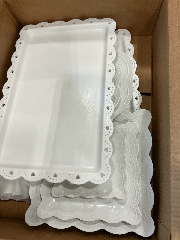 Photo 1 of 10 Pcs Cake Stand White Plastic Dessert Table Display Set 4 Pcs 3 Tired Cupcake Stand Cookie Tray Rack Serving Tray Cake Display Tower and 6 Pcs Dessert Trays for Wedding Baby Shower Tea Party (White)