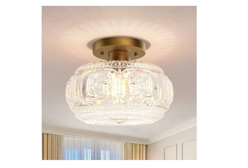 Photo 1 of Semi Flush Mount Ceiling Light, Globe Glass Ceiling Light Fixture, Gold Modern Lighting for Hallway Porch Corridor Kitchen Bedroom, Bulb Not Included