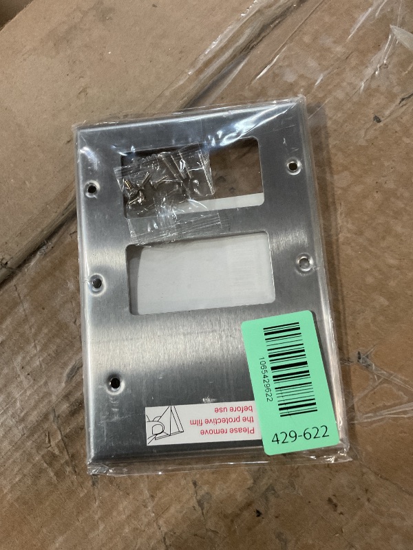 Photo 1 of [2 Pack] BESTTEN 3-Gang Combination Metal Wall Plate with ?hite or Clear Plastic Film, 2-Decorator/1-Blank, Corrosion-Resistant Stainless Steel Outlet and Switch Cover, Brushed Finish