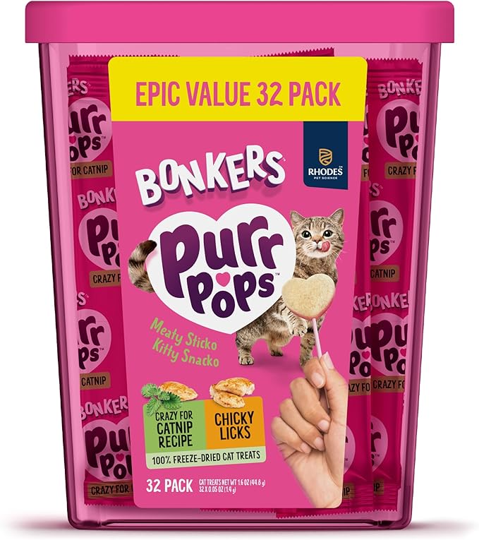 Photo 1 of ***STOCK IMAGE FOR REFERENCE***
** pack comes with 18 not 32 **
Bonkers Purrpops Freeze Dried Chicken & Catnip Flavor Lollipop Cat Treats, Healthy Single Ingredient Treats, Training Treats or Food Topper, for All Breeds and Ages, Value Pack (32 Pieces