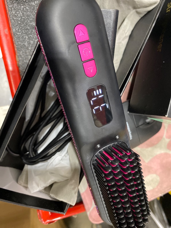 Photo 1 of ** FOR PARTS ONLY **powers doesn’t heat** 
CHRISTINE SHELLY Hair Straightener Brush, Portable Cordless Mini Straightening Brush for Travel, Negative Ion Hot Comb Hair Straightener with 9 Temps for Women, Anti-Scald Ceramic, Fast Charge