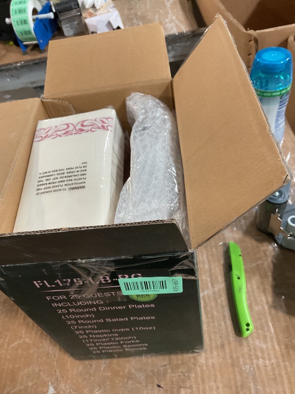 Photo 1 of ***MISSING PARTS***
FOCUSLINE 175 Count Rose Gold Dinnerware Set for 25 Guests - Rose Gold Rimmed White Disposable Plastic Plates Heavy Duty, Includes 25 Dinner & Salad Plates, Cups, Cutlery Set for Wedding Parties