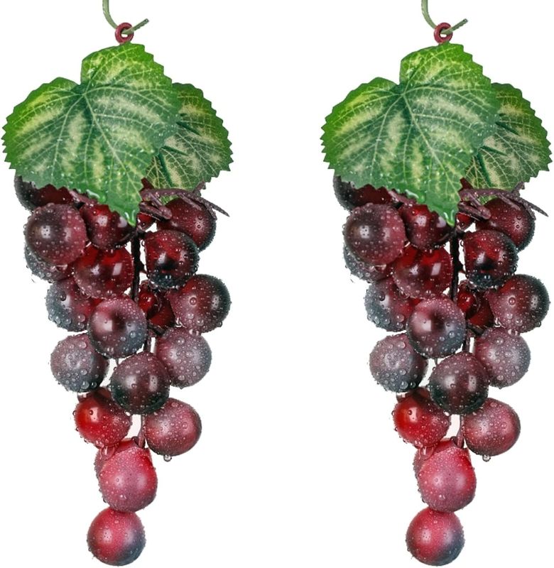 Photo 1 of  Red Rubber Grapes Artificial Grape Fake Grapes Lifelike Artificial Fruits for Party Pub Cabinet Ornament Home Garden Wedding Decoration Photography Props (24 Grains 6.5 Inches Long)