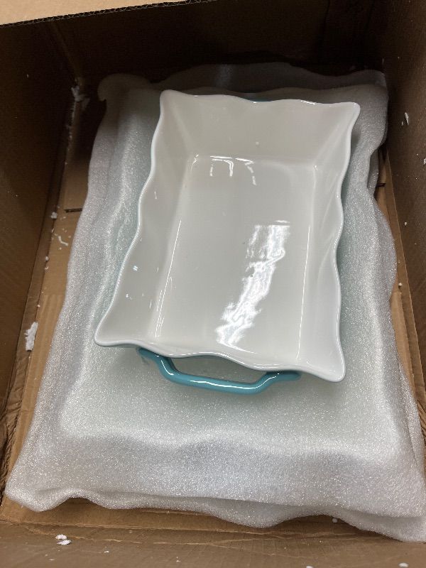 View 3 of (MISSING BIG DISH) Sweejar Casserole Dishes for Oven, Ceramic Bakeware Set of 3, Rectangular Baking dish with Handles, Wave Edge Lasagna Pan Deep for Cooking, Cake, Dinner, Banquet and Daily Use (Turquoise)