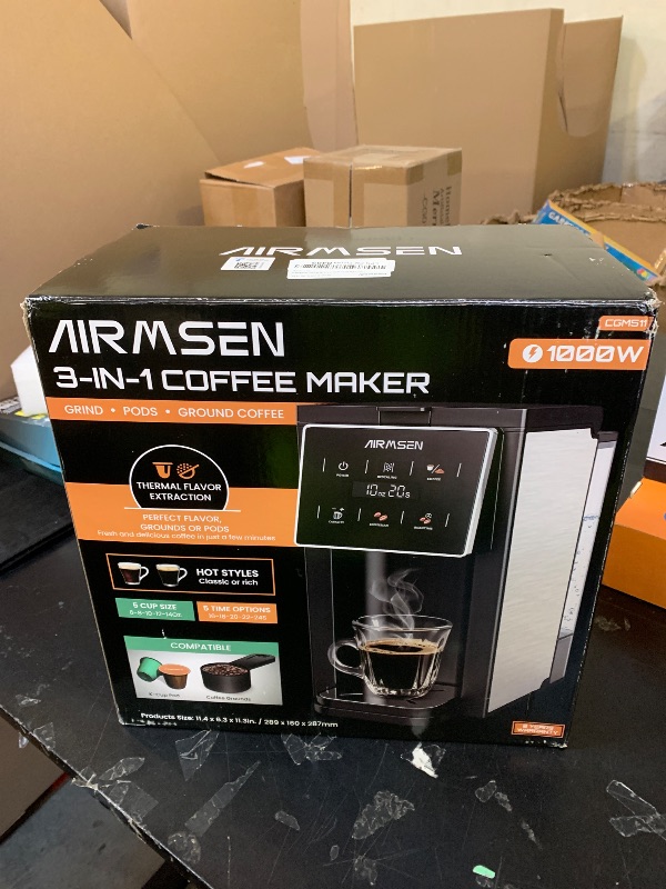 Photo 1 of AIRMSEN Grind & Brew Coffee Maker with Grinder - Single Serve Machine Compatible with K-Cup Pods & Ground, 1000W Fast 6-14oz Brewer, Descaling Alert, Touchscreen & 50oz Removable Tank