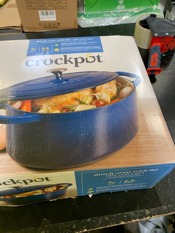 Photo 1 of *MINOR DAMAGE** Crock Pot Artisan 7-Quart Oval Enameled Cast Iron Dutch Oven – Sapphire Blue, Heavy-Duty Cookware for Slow Cooking, Roasting, Baking with Lid