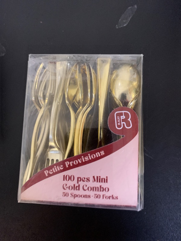Photo 1 of 100 Combo Pack 50 Gold Mini Forks And 50 Gold Mini Spoons 4 Inch Dessert Forks And Spoons - Heavy duty Mini Cutlery, Tastings, Cocktails, Dessert Cups.