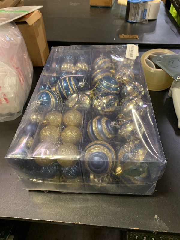 Photo 1 of 100Pcs Christmas Balls Ornaments Set, Shatterproof Christmas Decorations with Hand-held Gift Package for Xmas Tree/Holiday/Wedding/Holiday/Party Decor (Blue & Gold)