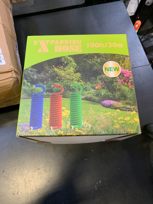 Photo 1 of 100 ft Expandable Garden Hose with 10 Function Nozzle Sprayer, Lightweight & No-Kink Flexible Water Hose with Durable Latex Core & Solid Brass Fittings, 100ft Retractable Stretch Hose, Black & Blue