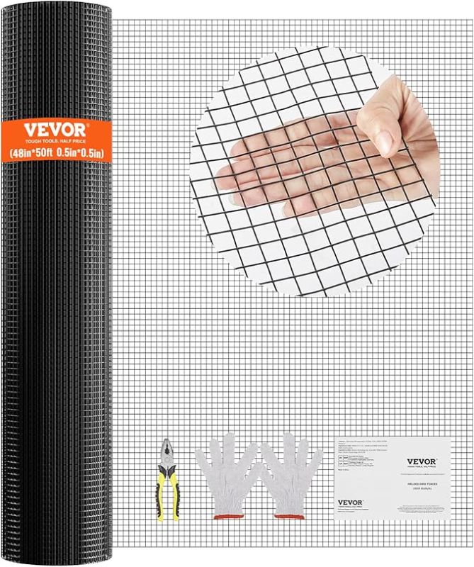 Photo 1 of VEVOR Hardware Cloth, 12'' x 50' 1/2inch Galvanized Wire Mesh Roll, 19 Gauge Chicken Wire Fence Roll, Vinyl Coating Metal Wire Mesh for Chicken Coop Barrier, Rabbit Snake Fences, Poultry Enclosures