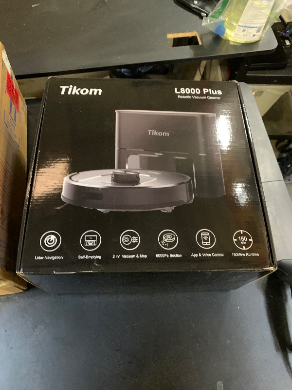 Photo 1 of Tikom Robot Vacuum and Mop, 6000Pa Robotic Vacuum Cleaner with Self-Emptying Base, 90 Days Capacity, LiDAR Navigation, Home Mapping, Ideal for Pet Hair, Hard Floors, Carpet (L8000 Plus)