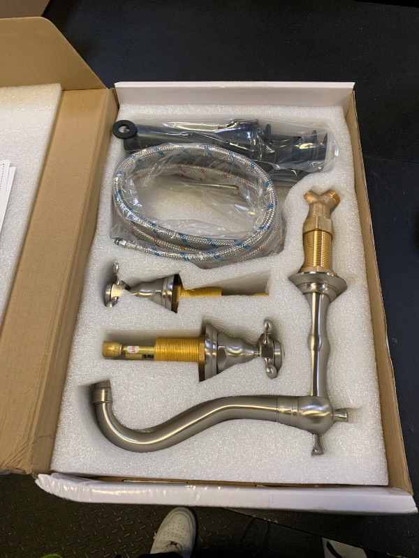 Photo 1 of GGStudy 2 Handles 3 Holes Faucet Widespread Bathroom Sink Faucet Brushed Nickel Basin Tap Mixer Faucet Matching Pop Up Drain