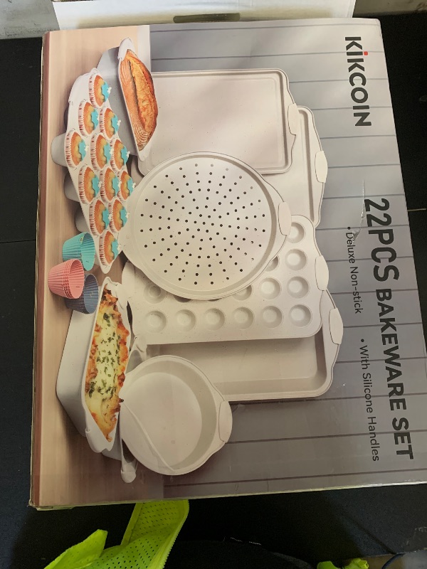 Photo 1 of Kikcoin 22 PCS Nonstick Baking Pans Set, Stackable Bakeware Sets with Silicone Handles, 450°F Oven Safe Baking Sheet Set, Easy Release Cookie Sheets for Baking, Cream