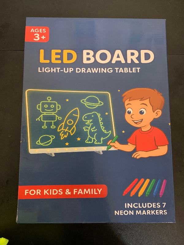 Photo 1 of LED Doodle Glow Note Board 13.7"X10" – Light Up Acrylic Dry Erase Message Drawing with 7 Colors, Dynamic Modes, 7 Pens, Invisible Stands, Hanging Kit – Fun Whiteboard for Home, Office, Kitchen