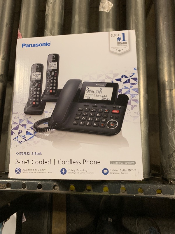 Photo 1 of Panasonic Corded Phone/Cordless Phone with Answering Machine, Advanced Call Block and 2-Way Recording, 2 Handsets Expandable up to 6 Cordless Handsets - KX-TGF852B (Black)