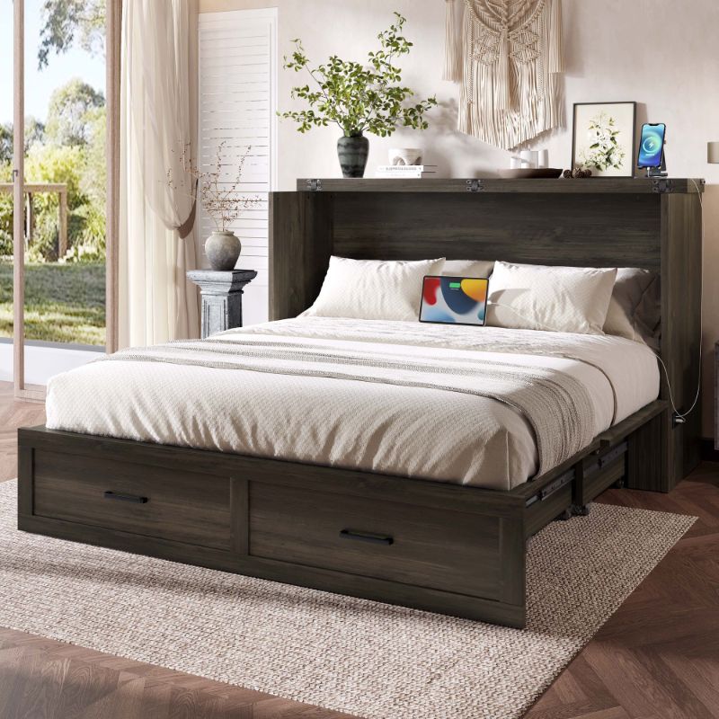 Photo 1 of LHYY Murphy Bed Cabinet Queen Size with Charging Station,Multi-Functional Foldable Platform Bed with 1 Large Storage Drawer for Guest Room,Small Bedroom,Rustic Gray