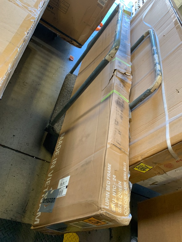 Photo 1 of NTC Lupin Wooden Bed Frame with Headboard, Crafted from Walnut, Rubber Wood with Silent Slats and Wood Central Supports, 1000 Lb Capacity, Effortless Assembly, Queen - Dark Walnut